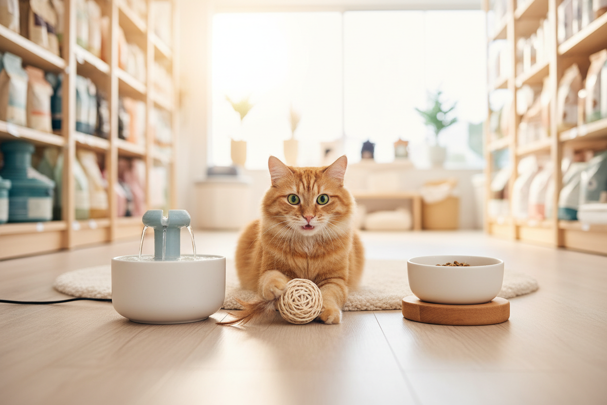 Cat with pet products