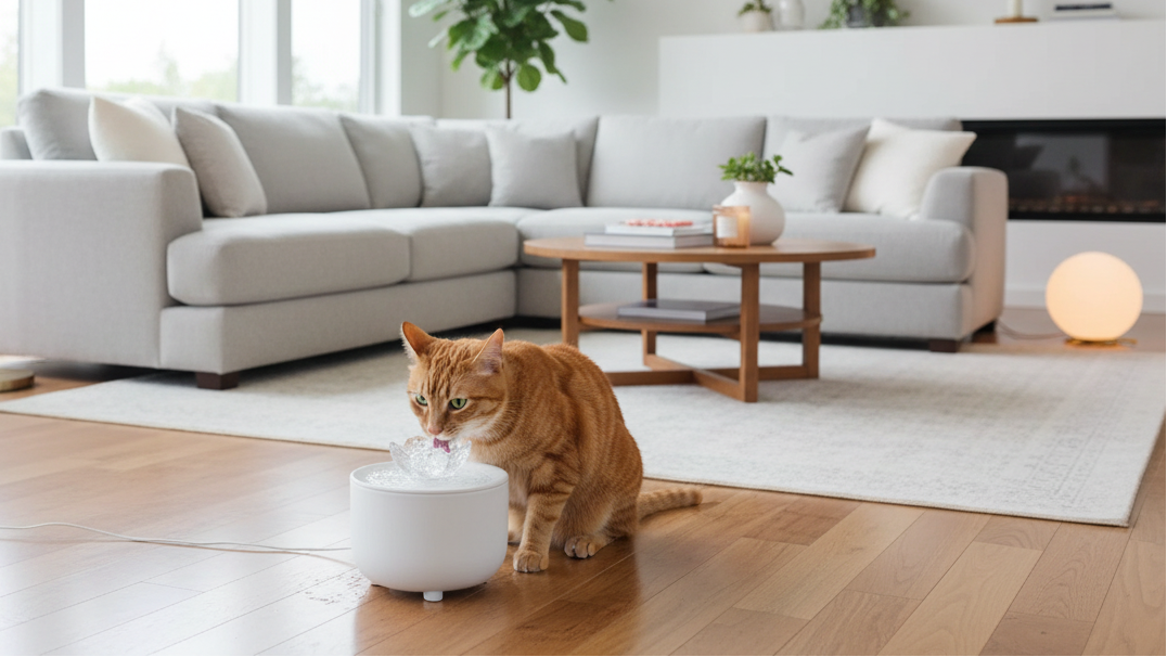 Cat with water fountain in living room